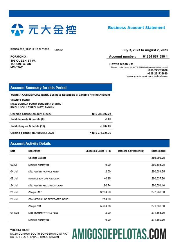 Realista Yuanta Securities Bank Organization modelo de extrato de conta Word e PDF